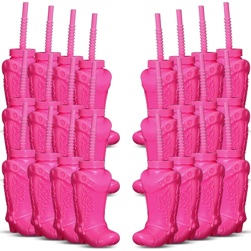 Hoolerry 24 Pcs 10 oz Plastic Cowboy Boot Cups with Straws and Lids Plastic Cowboy Cups for Western Themed Party Supplies and Rodeo Party Decorations (Hot Pink) - Image 1