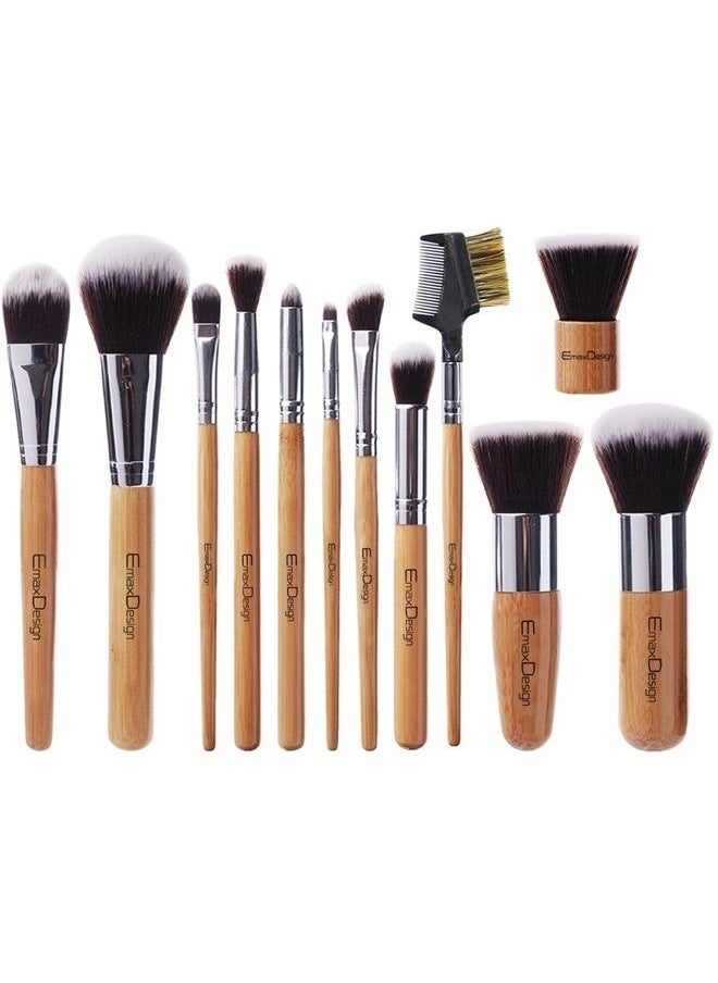 EmaxDesign - 12 Pieces Makeup Brush Set Professional Bamboo Handle Premium Synthetic Kabuki Foundation Blending Blush Concealer Eye Face Liquid Powder Cream Cosmetics Brushes Kit With Bag - Image 1