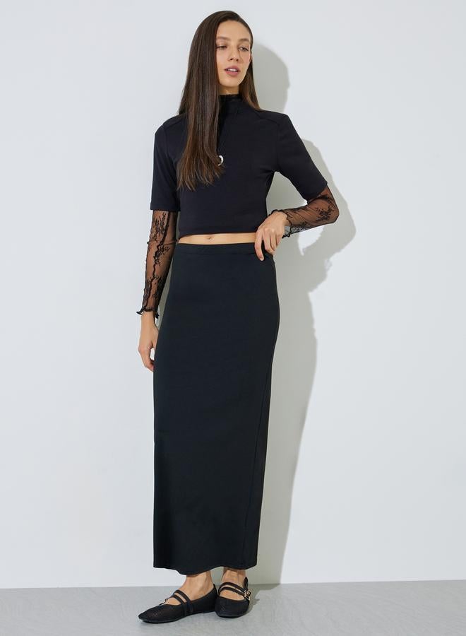 Styli Black Solid Maxi Pencil Skirt - Image 1