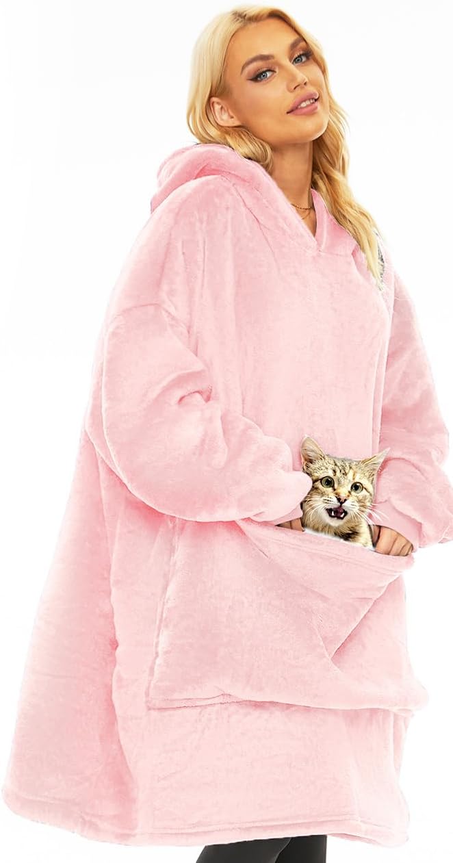 Gentlewarm Store هودي بطانية قابلة للارتداء للبالغين النساء والرجال، هودي شيربا فليس دافئ وناعم بحجم كبير مع جيب عملاق للحيوانات الأليفة - Image 1