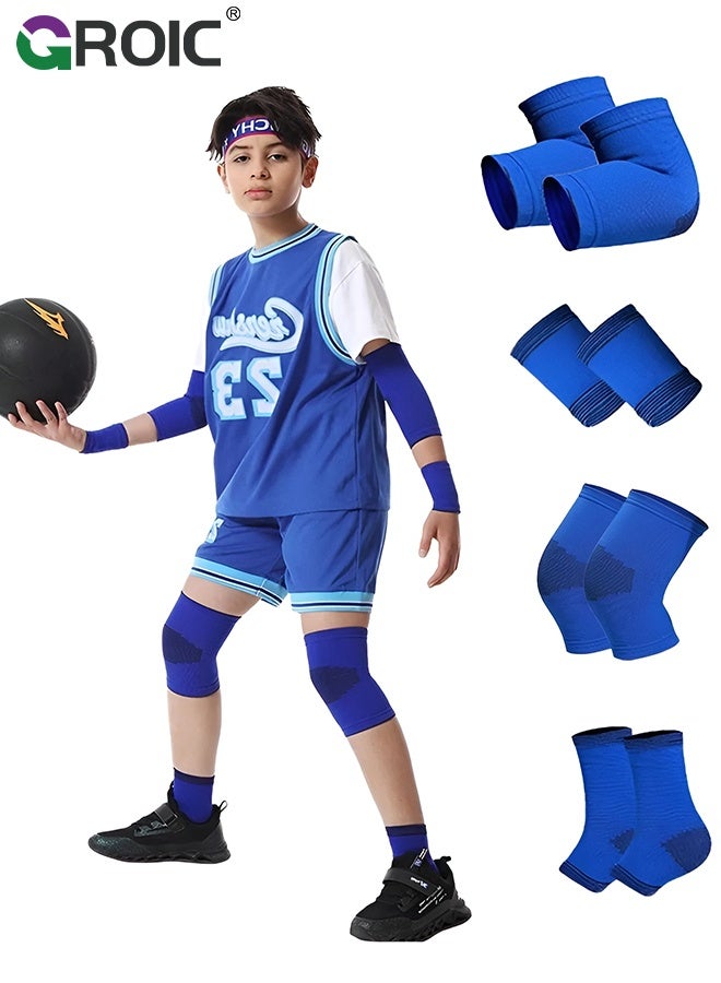 GROIC 8 Pcs Elbow And Knee Sleeves for Kids, Kids Protective Gear Set, Toddler Knee Elbow Ankle Wrist Support Braces, Ankle Pads and Wrist Pads for Volleyball Basketball Football Cycling Sports - Blue - Image 1