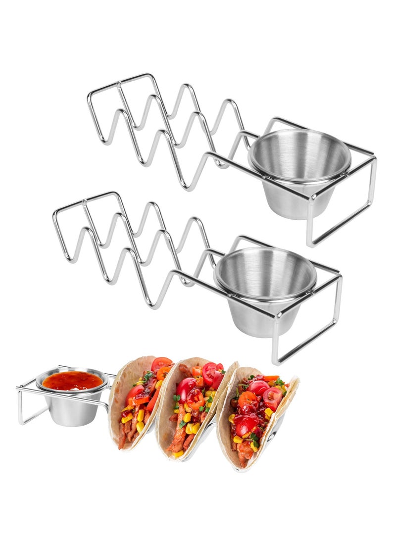 Captaintech Taco Holders with Salad Cups Set of 2, Stainless Steel Taco Shell Stands, Holds 3 Tacos Each, Oven, Dishwasher, and Grill Safe, Taco Tray Plates for Taco Bar Accessories - Image 1