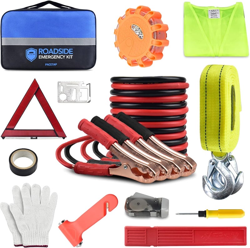 PACETAP Car Roadside Emergency Kit, Essential Auto Safety Road Side Assistance Tool Kit with LED Road Flare, Jumper Cables, Towing Rope, Triangle and More Winter Vehicle Accessories - Image 1