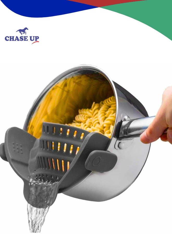Chase Up Snap N Strain Pot Strainer and Pasta Strainer - Adjustable Silicone Clip On Strainer for Pots, Pans, and Bowls - Gray - Image 1