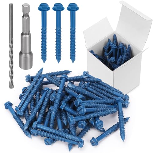 Swpeet 52Pcs 14 x 314 Slotted Hex Washer Head Concrete Screws Anchor with Hex Bit Socket and Drill Bit Assortment Kit Self Tapping Cement Screws for Anchoring to Masonry 14214 - Image 1