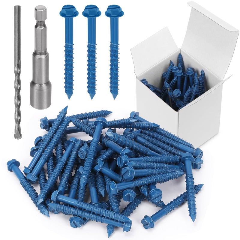 Swpeet 52Pcs 14 x 314 Slotted Hex Washer Head Concrete Screws Anchor with Hex Bit Socket and Drill Bit Assortment Kit Self Tapping Cement Screws for Anchoring to Masonry 14214 - Image 2