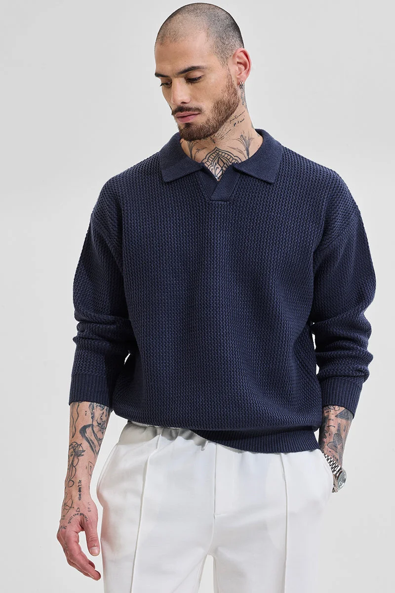 SNITCH Core Lab Navy Textured Relaxed Fit Sweaters