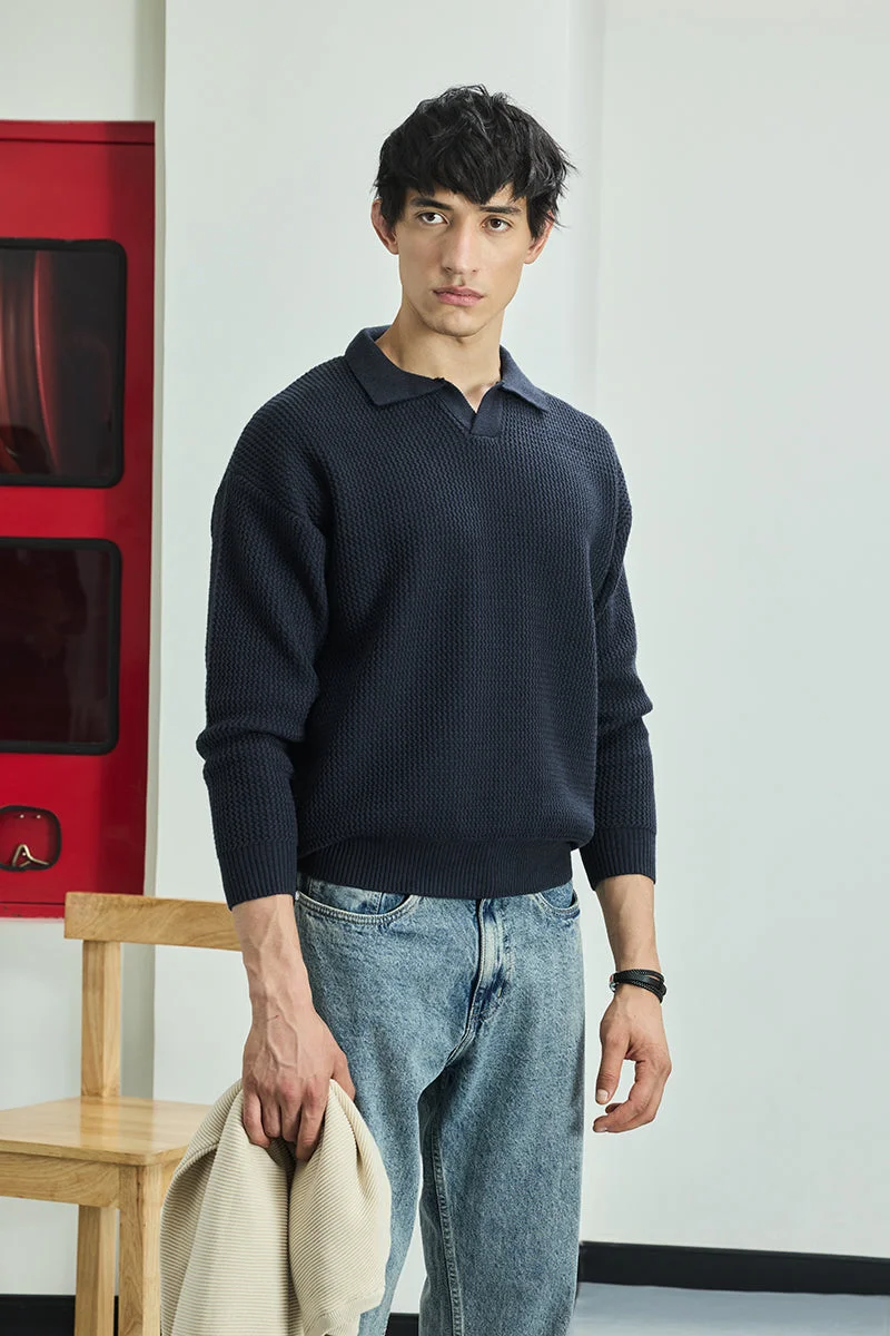 SNITCH Core Lab Navy Textured Relaxed Fit Sweaters