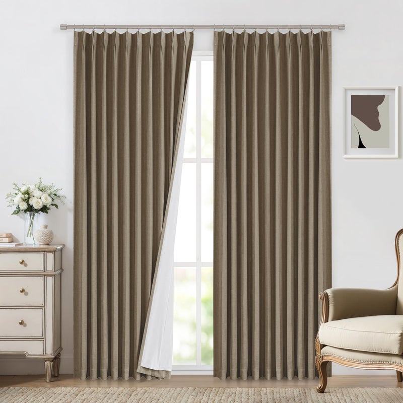 Vision Home Brown Pinch Pleated Full Blackout Curtains Linen Blended 60" Wide Thermal Insulated Window Panels 108 inch for Bedroom Living Room Darkening Pleat Drapes with Hooks Back Tab 60" Wx108 Lx1 - Image 2