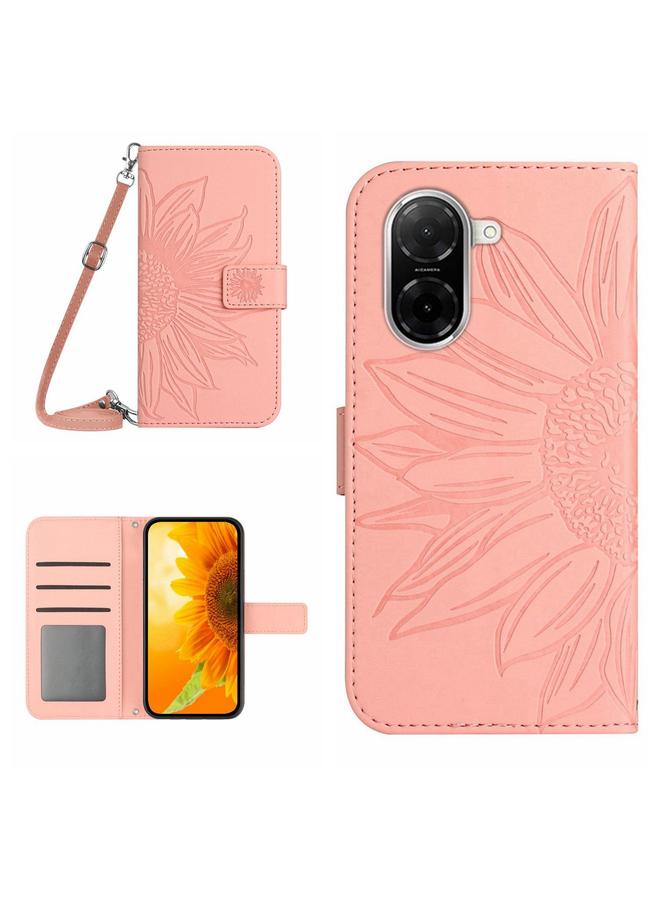 erorex Case For Redmi A5 4G / Xiaomi Poco C71 Skin Feel Sun Flower Embossed Flip Leather Phone Case with Lanyard - Image 1
