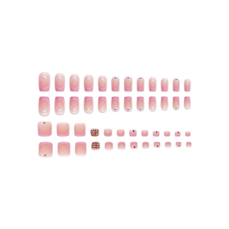 SPNBCQ 48 Pcs Pink Press on Nails Medium Square & Press on Toenails Set, Pink French Tip Fake Nails with Rhinestone Design Glue on Nails Medium False Nails Glossy Full Cover Stick on Toe Nails for Women - Image 3