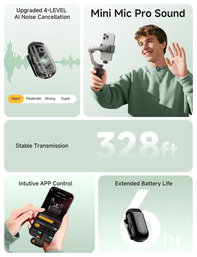 Maono ميكروفون لافاليير لاسلكي ميني MAONO Wave T1 لجهاز iPhone 17 16 15، أندرويد، تابلت، كمبيوتر شخصي، ميكروفون مثبت على الياقة مع موصل USB-C، إلغاء الضوضاء، فلتر صوت AI لتسجيل الفيديو Vlog TikTok YouTube - Image 2