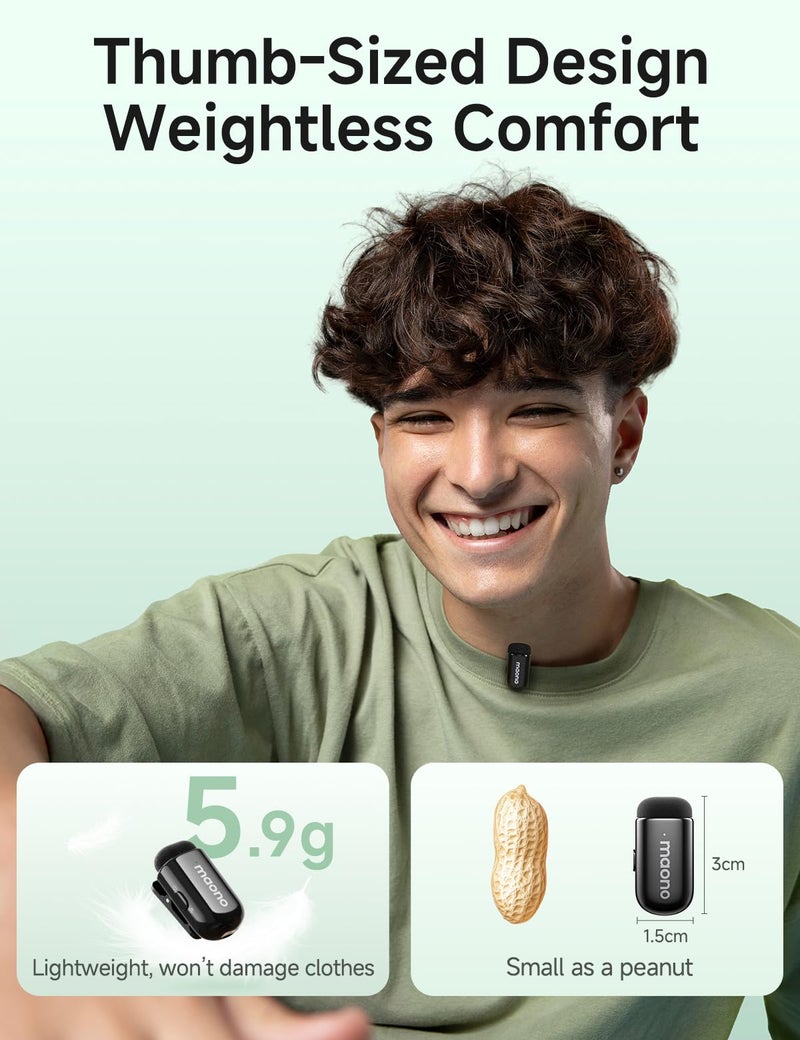 Maono ميكروفون لافاليير لاسلكي ميني MAONO Wave T1 لجهاز iPhone 17 16 15، أندرويد، تابلت، كمبيوتر شخصي، ميكروفون مثبت على الياقة مع موصل USB-C، إلغاء الضوضاء، فلتر صوت AI لتسجيل الفيديو Vlog TikTok YouTube - Image 4