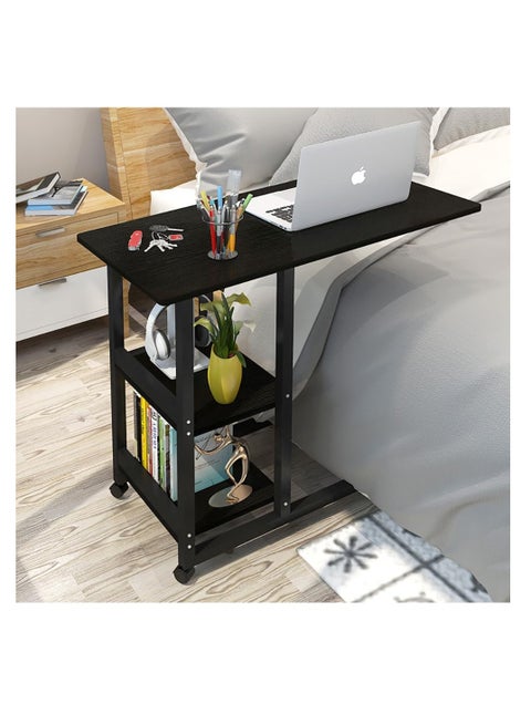 Rolling Laptop Desk Sofa Side Table C Shape Bedside Table Multifunctional End Table with Storage Slelves for Small Spaces, Living Room, Bedroom, A30 (Black)