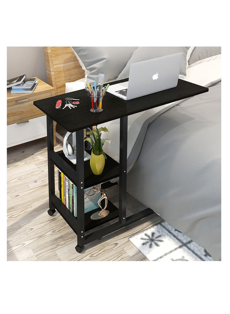 Rolling Laptop Desk Sofa Side Table C Shape Bedside Table Multifunctional End Table with Storage Slelves for Small Spaces, Living Room, Bedroom, A30 (Black)