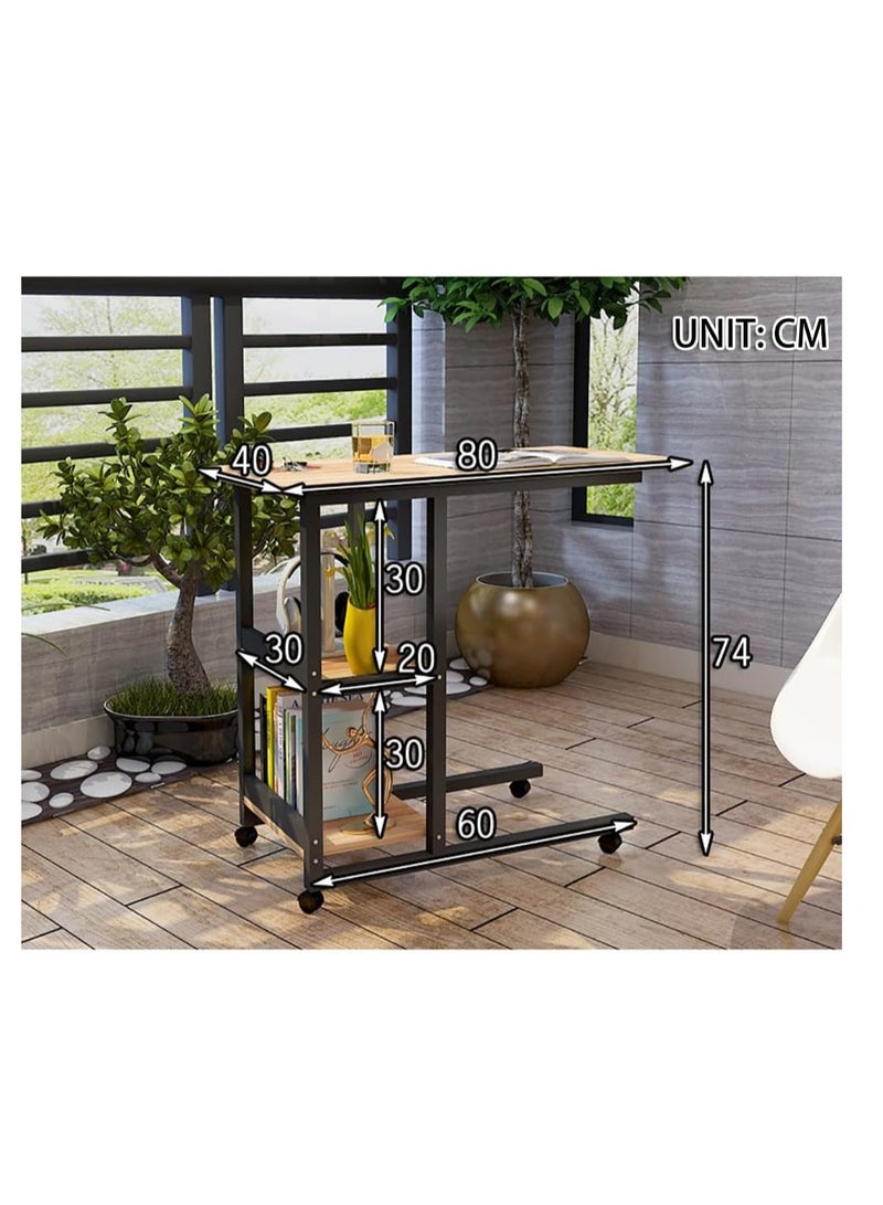 Rolling Laptop Desk Sofa Side Table C Shape Bedside Table Multifunctional End Table with Storage Slelves for Small Spaces, Living Room, Bedroom, A30 (Black)
