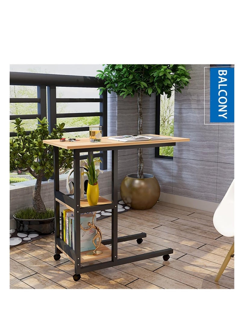 Rolling Laptop Desk Sofa Side Table C Shape Bedside Table Multifunctional End Table with Storage Slelves for Small Spaces, Living Room, Bedroom, A30 (Black)
