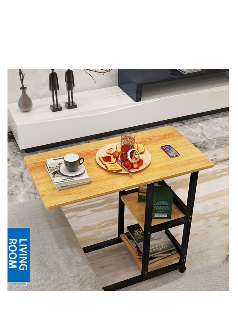 Rolling Laptop Desk Sofa Side Table C Shape Bedside Table Multifunctional End Table with Storage Slelves for Small Spaces, Living Room, Bedroom, A30 (Black)