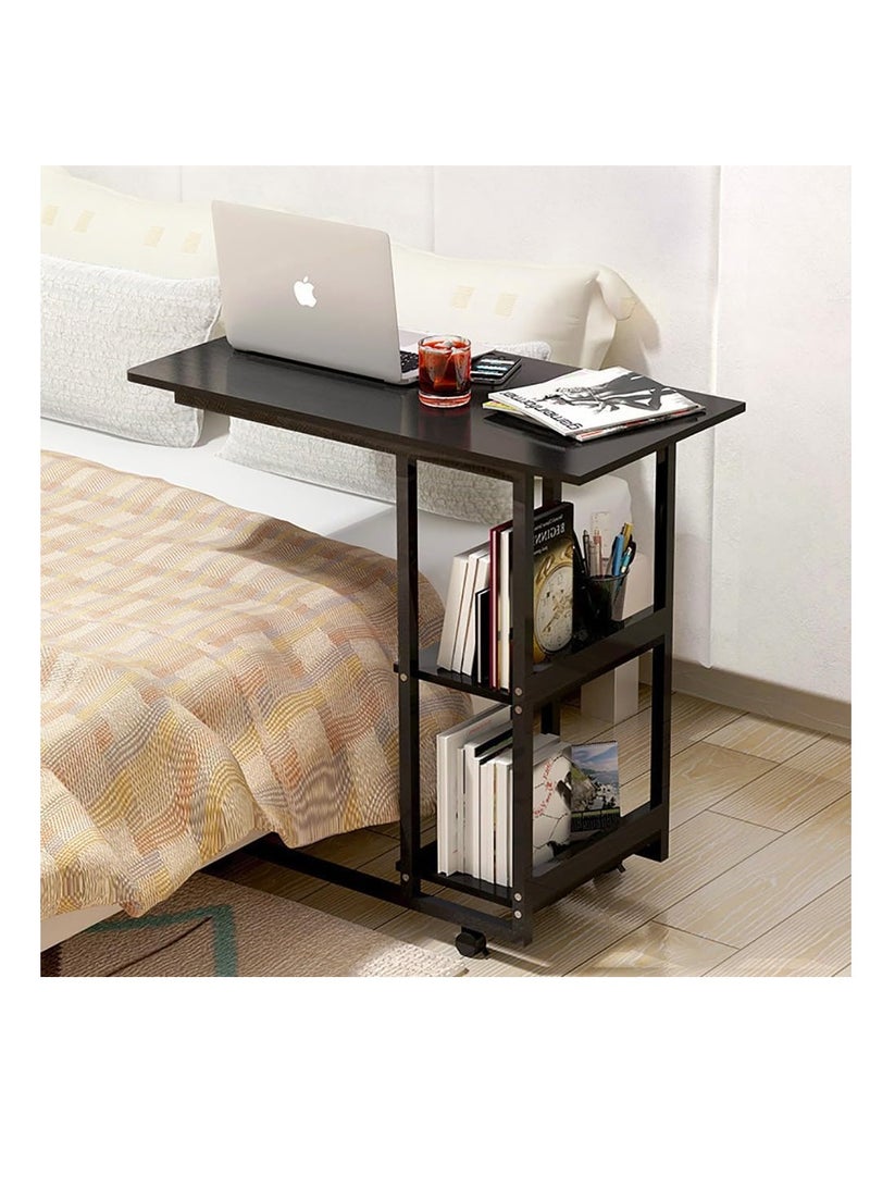 Rolling Laptop Desk Sofa Side Table C Shape Bedside Table Multifunctional End Table with Storage Slelves for Small Spaces, Living Room, Bedroom, A30 (Black)