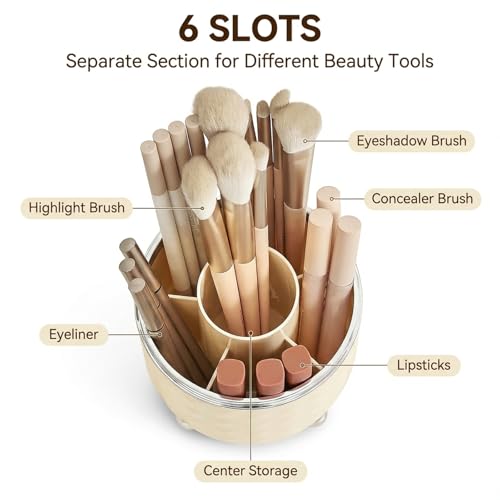 ylnurac White Makeup Brush Holder Organizer,360° Rotating Makeup Brush Organizer,5 Slot Make up Brushes Cup for Cosmetics, Nail Polish, Art Supply, Bathroom Vanity Desktop Organizer - Image 3