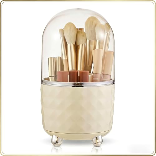 ylnurac White Makeup Brush Holder Organizer,360° Rotating Makeup Brush Organizer,5 Slot Make up Brushes Cup for Cosmetics, Nail Polish, Art Supply, Bathroom Vanity Desktop Organizer - Image 1