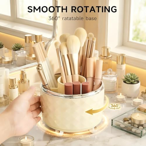 ylnurac White Makeup Brush Holder Organizer,360° Rotating Makeup Brush Organizer,5 Slot Make up Brushes Cup for Cosmetics, Nail Polish, Art Supply, Bathroom Vanity Desktop Organizer - Image 4
