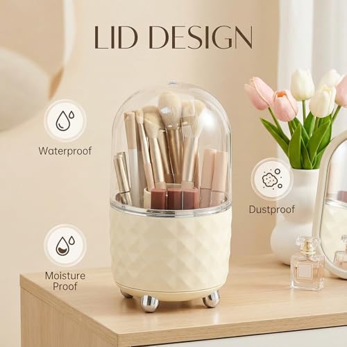 ylnurac White Makeup Brush Holder Organizer,360° Rotating Makeup Brush Organizer,5 Slot Make up Brushes Cup for Cosmetics, Nail Polish, Art Supply, Bathroom Vanity Desktop Organizer - Image 2