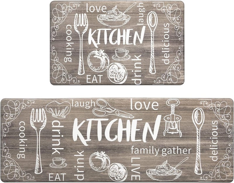 HEBE Kitchen Mats for Floor Set of 2 Thick Anti Fatigue Mat for Cushioned, Waterproof Non-Slip Rugs Comfort Standing Chef Mat for Kitchen Sink, Laundry Room, Farmhouse Home Decor, Brown - Image 1