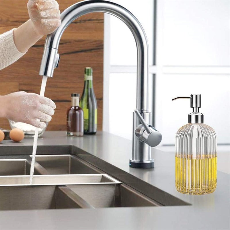 ويوبلز موزع صابون زجاجي بمضخة، زجاجة موزع معقم اليدين من الزجاج الشفاف المنقوش عالي الجودة سعة 18 أونصة، موزع صابون للأطباق واليدين للمطبخ والحمام وغرفة الغسيل (قطعة واحدة) - Image 3