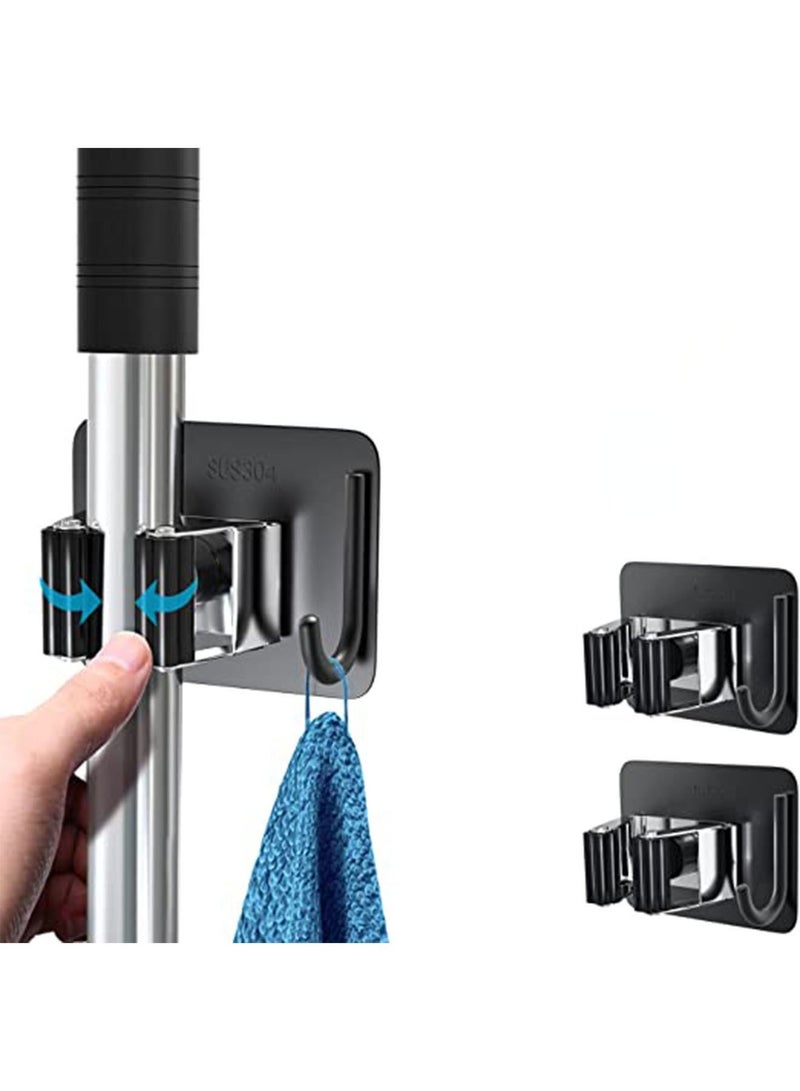 Mop Broom Holder No Drill SUS304 Stainless Steel, Mop Broom Organizer Wall Mounted Heavy Duty with Hooks Hanger, Self Adhesive Stainless Steel 2Pcs for Bathroom, Kitchen, Office - Image 1