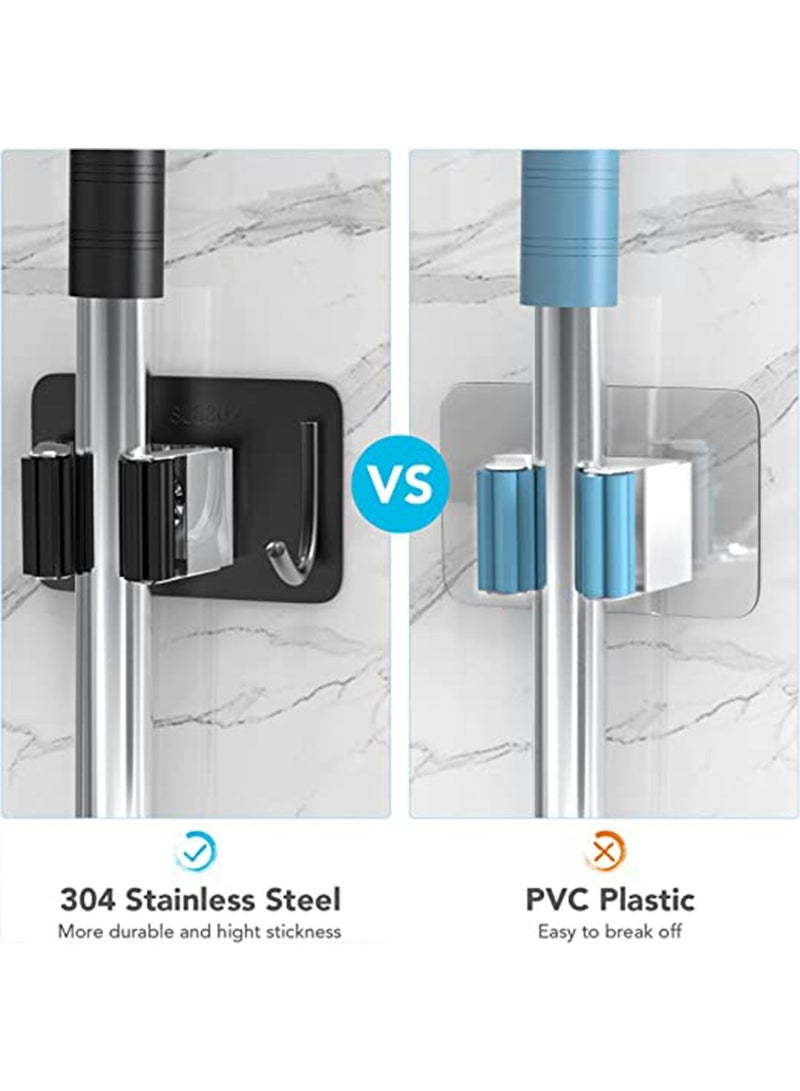 Mop Broom Holder No Drill SUS304 Stainless Steel, Mop Broom Organizer Wall Mounted Heavy Duty with Hooks Hanger, Self Adhesive Stainless Steel 2Pcs for Bathroom, Kitchen, Office - Image 2