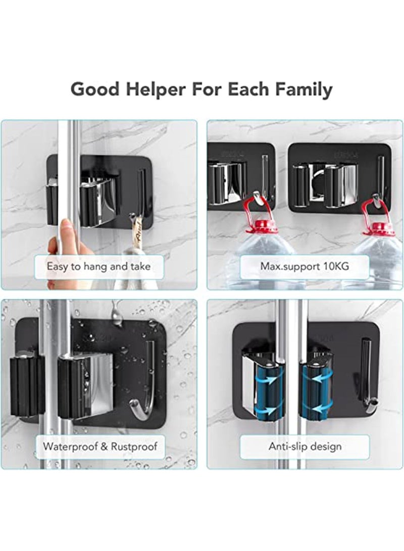 Mop Broom Holder No Drill SUS304 Stainless Steel, Mop Broom Organizer Wall Mounted Heavy Duty with Hooks Hanger, Self Adhesive Stainless Steel 2Pcs for Bathroom, Kitchen, Office - Image 4