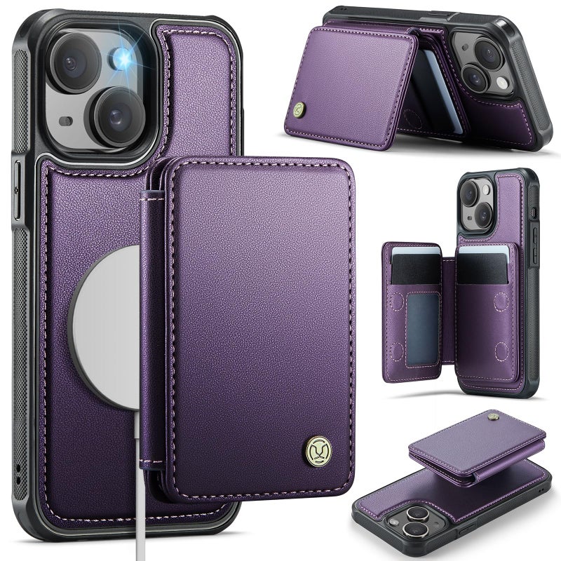 Usroom Compatible with Magsafe for iPhone 14 Wallet Case Magnetic Card Holder, RFID Blocking 2 in 1 Detachable Kickstand Shockproof Case for Women Men, Purple - Image 1