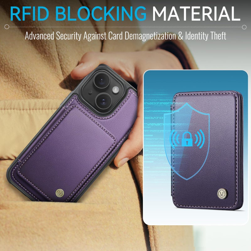 Usroom Compatible with Magsafe for iPhone 14 Wallet Case Magnetic Card Holder, RFID Blocking 2 in 1 Detachable Kickstand Shockproof Case for Women Men, Purple - Image 3