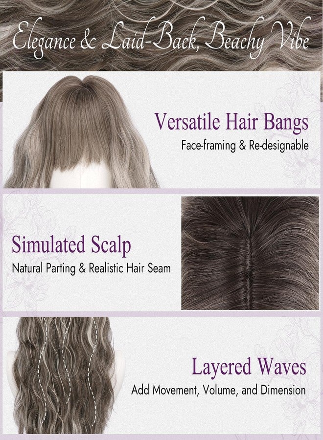 BARSDAR Ash Brown Long Wavy Wig With Bangs - Long Wavy Ash Brown Highlight Wig with Bangs for Women - 26 Inch Thick Soft Synthetic Natural Looking Easy Wear Daily Cosplay Party Halloween Wigs - Image 3