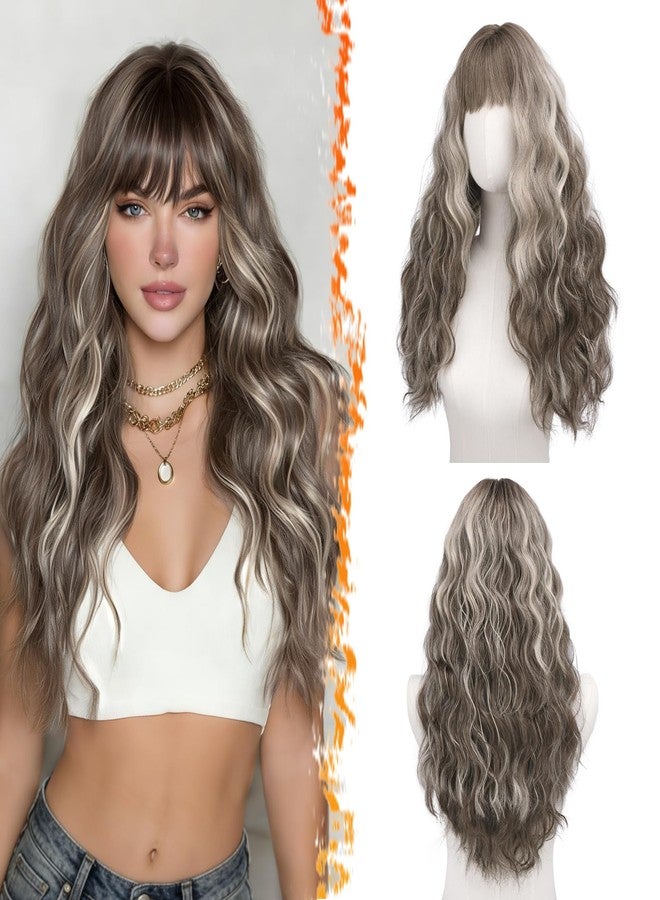 BARSDAR Ash Brown Long Wavy Wig With Bangs - Long Wavy Ash Brown Highlight Wig with Bangs for Women - 26 Inch Thick Soft Synthetic Natural Looking Easy Wear Daily Cosplay Party Halloween Wigs - Image 1