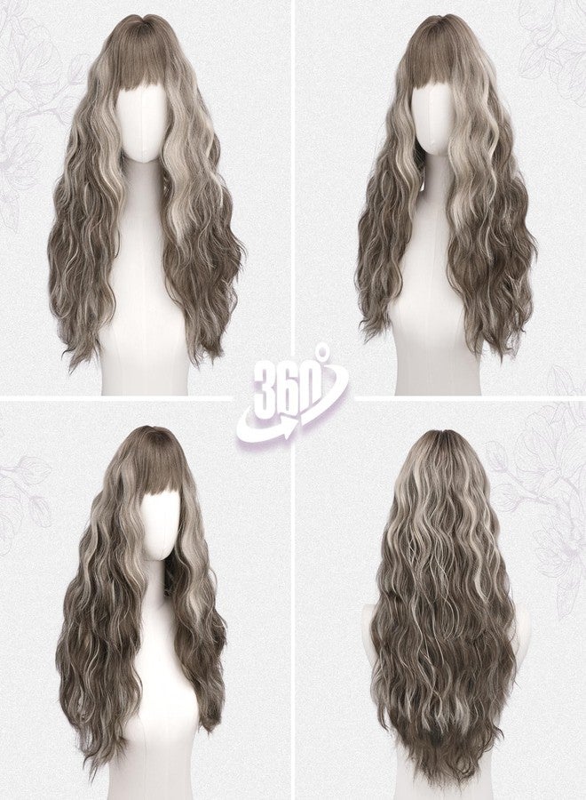 BARSDAR Ash Brown Long Wavy Wig With Bangs - Long Wavy Ash Brown Highlight Wig with Bangs for Women - 26 Inch Thick Soft Synthetic Natural Looking Easy Wear Daily Cosplay Party Halloween Wigs - Image 5