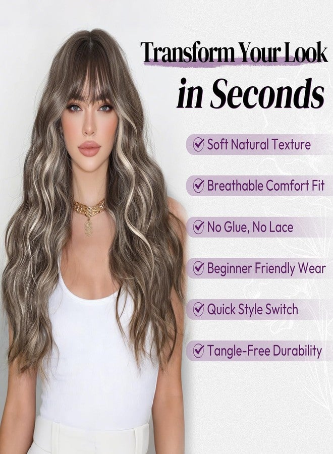 BARSDAR Ash Brown Long Wavy Wig With Bangs - Long Wavy Ash Brown Highlight Wig with Bangs for Women - 26 Inch Thick Soft Synthetic Natural Looking Easy Wear Daily Cosplay Party Halloween Wigs - Image 4