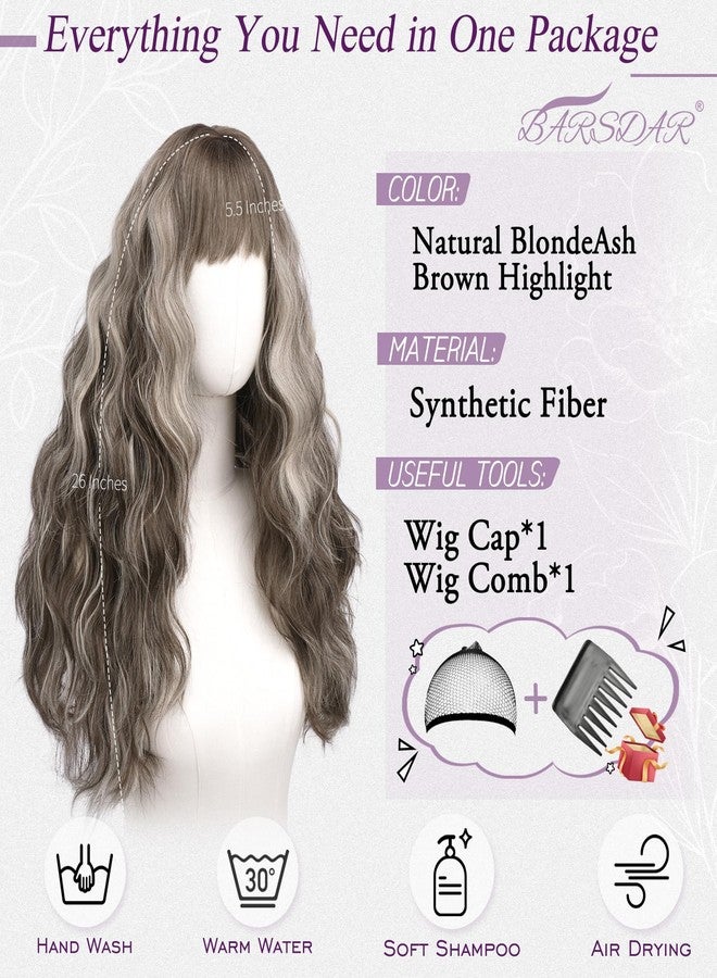 BARSDAR Ash Brown Long Wavy Wig With Bangs - Long Wavy Ash Brown Highlight Wig with Bangs for Women - 26 Inch Thick Soft Synthetic Natural Looking Easy Wear Daily Cosplay Party Halloween Wigs - Image 2