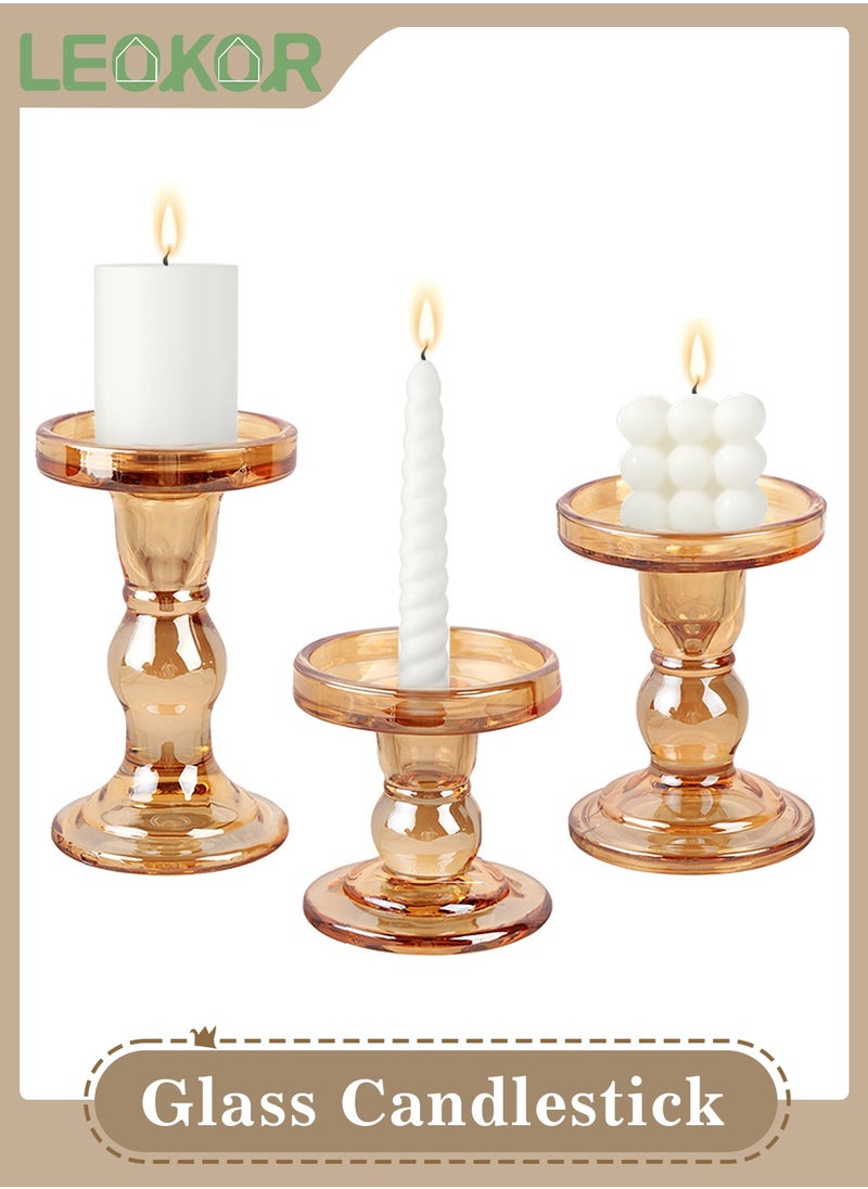 LEOKOR 3-Piece Glass Candles Stand Amber Crystal Candle Holder for Pillar Taper Candle and Tealight  - Image 1