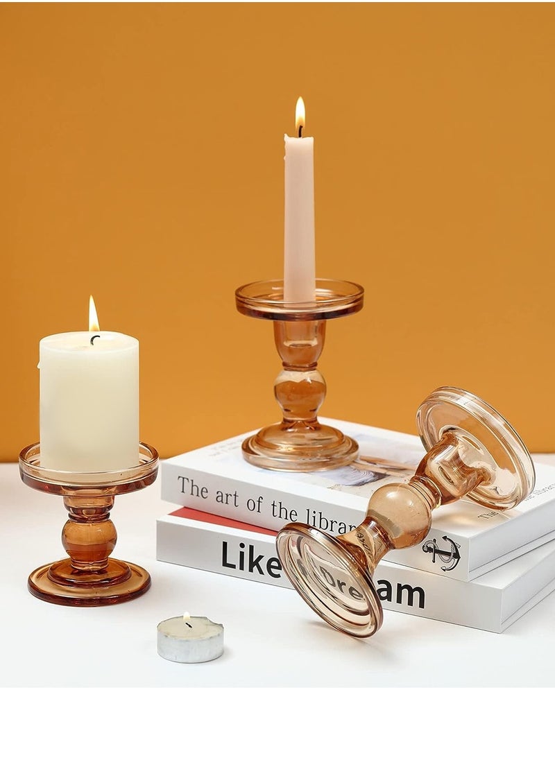 LEOKOR 3-Piece Glass Candles Stand Amber Crystal Candle Holder for Pillar Taper Candle and Tealight  - Image 2