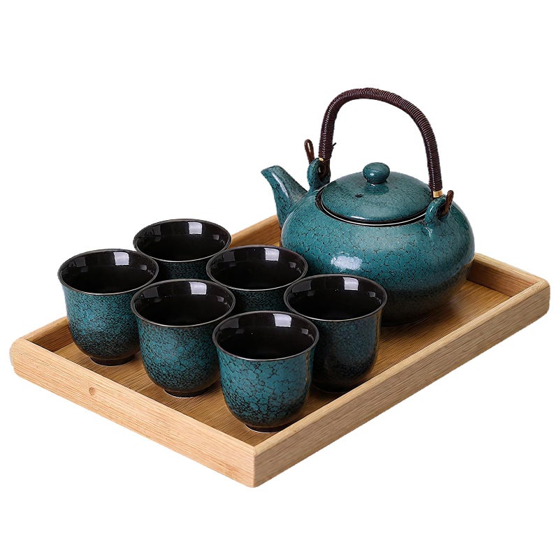 KEYDUACU Japanese Tea Set, Ceramic Tea Set, Plum Blossom Embossed, Teapot, 6 Teacups, Tea Tray, Strainer, Home, Outdoor, Gift, Chinese Kung Fu Tea Set (Pine Green) - Image 1