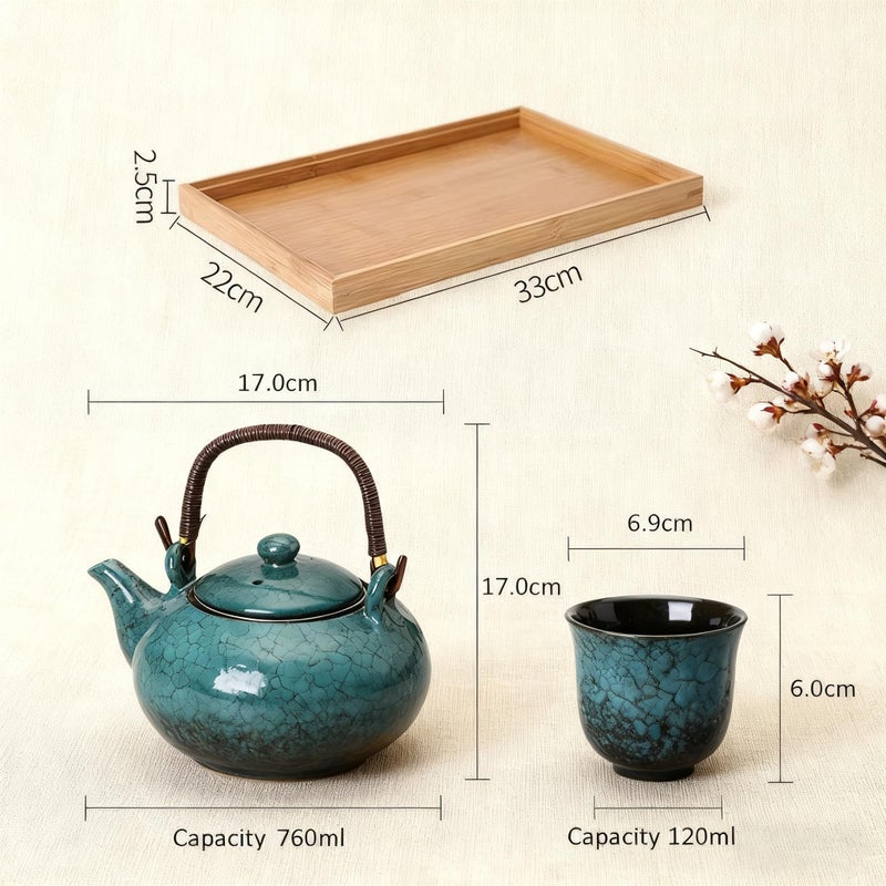 KEYDUACU Japanese Tea Set, Ceramic Tea Set, Plum Blossom Embossed, Teapot, 6 Teacups, Tea Tray, Strainer, Home, Outdoor, Gift, Chinese Kung Fu Tea Set (Pine Green) - Image 3