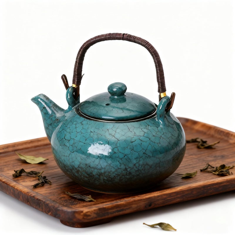 KEYDUACU Japanese Tea Set, Ceramic Tea Set, Plum Blossom Embossed, Teapot, 6 Teacups, Tea Tray, Strainer, Home, Outdoor, Gift, Chinese Kung Fu Tea Set (Pine Green) - Image 4
