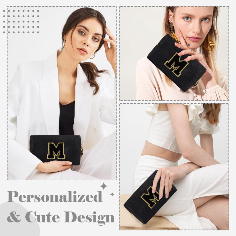 ChaoGreat Personalized Initial A-Z Preppy Patch Makeup Bag Small Pu Chenille Letter Cosmetic Bag With Zipper For Teen Girls Black Cute Toiletry Organizer Bag Monogram Makeup Case Gift For Women Girls Letter M - Image 4