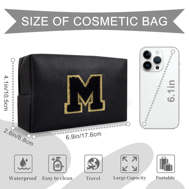 ChaoGreat Personalized Initial A-Z Preppy Patch Makeup Bag Small Pu Chenille Letter Cosmetic Bag With Zipper For Teen Girls Black Cute Toiletry Organizer Bag Monogram Makeup Case Gift For Women Girls Letter M - Image 2