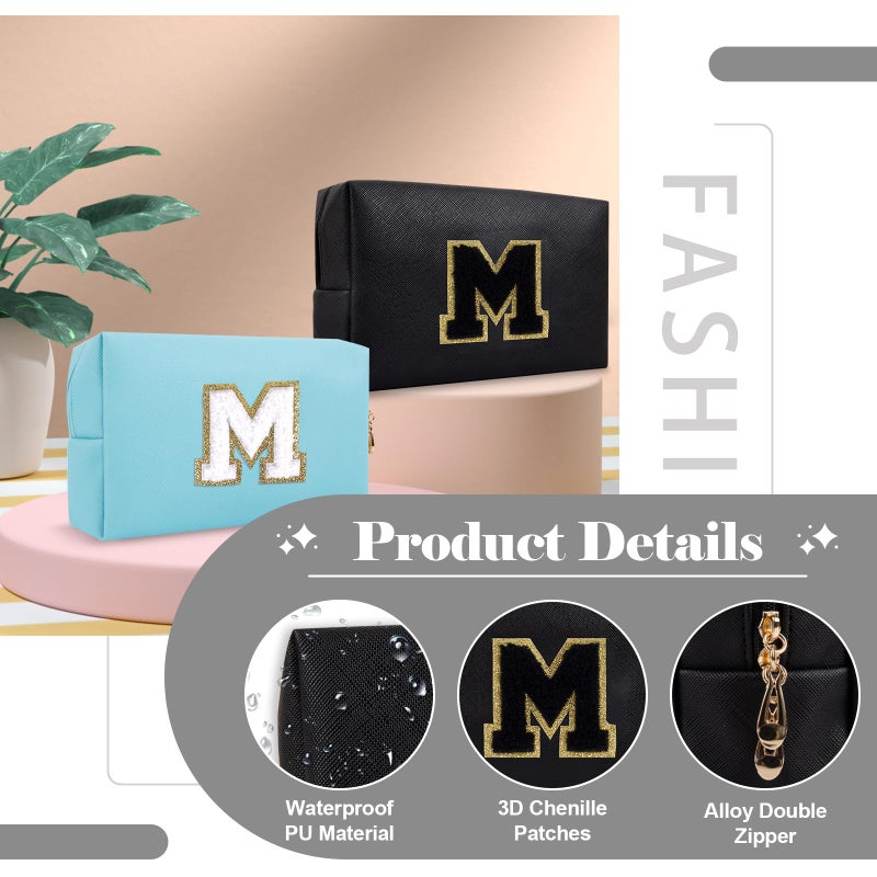 ChaoGreat Personalized Initial A-Z Preppy Patch Makeup Bag Small Pu Chenille Letter Cosmetic Bag With Zipper For Teen Girls Black Cute Toiletry Organizer Bag Monogram Makeup Case Gift For Women Girls Letter M - Image 3