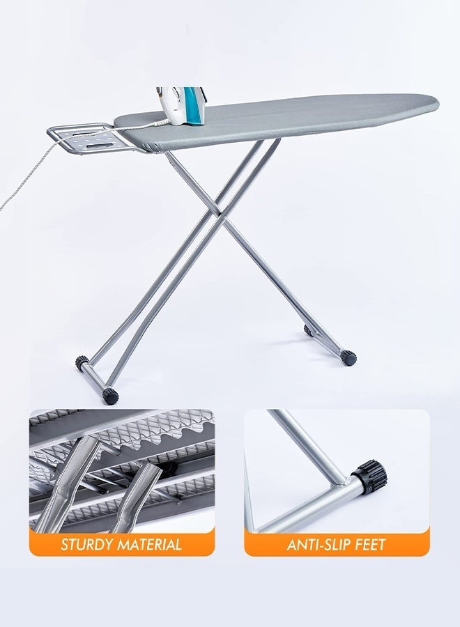 قف لوح كيّ، غطاء مقاوم للحرارة مع قاعدة بخار، حامل كيّ قابل للطيّ ومانع للانزلاق. أرجل معدنية متينة ثقيلة (90 × 30 سم) (رمادي فضي) - Image 4