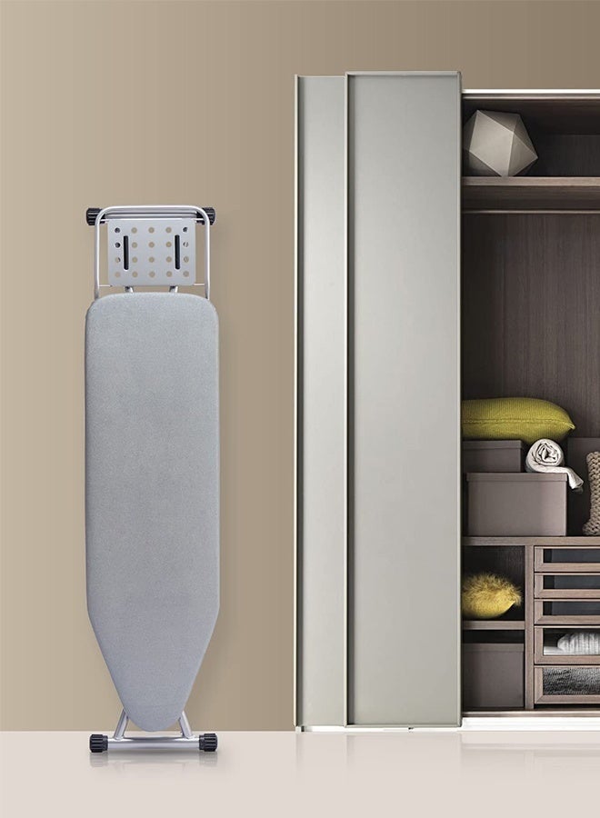 قف لوح كيّ، غطاء مقاوم للحرارة مع قاعدة بخار، حامل كيّ قابل للطيّ ومانع للانزلاق. أرجل معدنية متينة ثقيلة (90 × 30 سم) (رمادي فضي) - Image 3