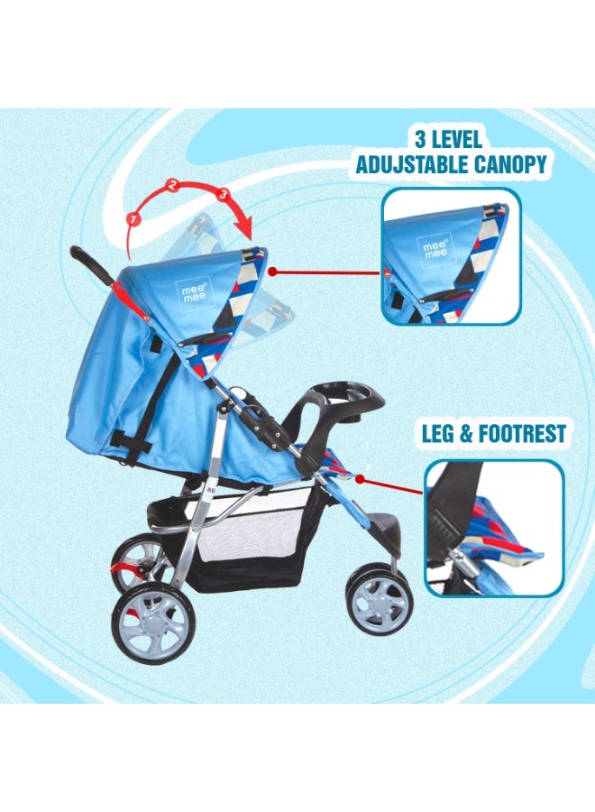 Mee Mee Baby Stroller/Pram for 0-3 Years - Spacious Storage, Feeding Tray, Recline, Reversible Handlebar, Safety Harness, Cushioned Seat (Blue) - Image 4